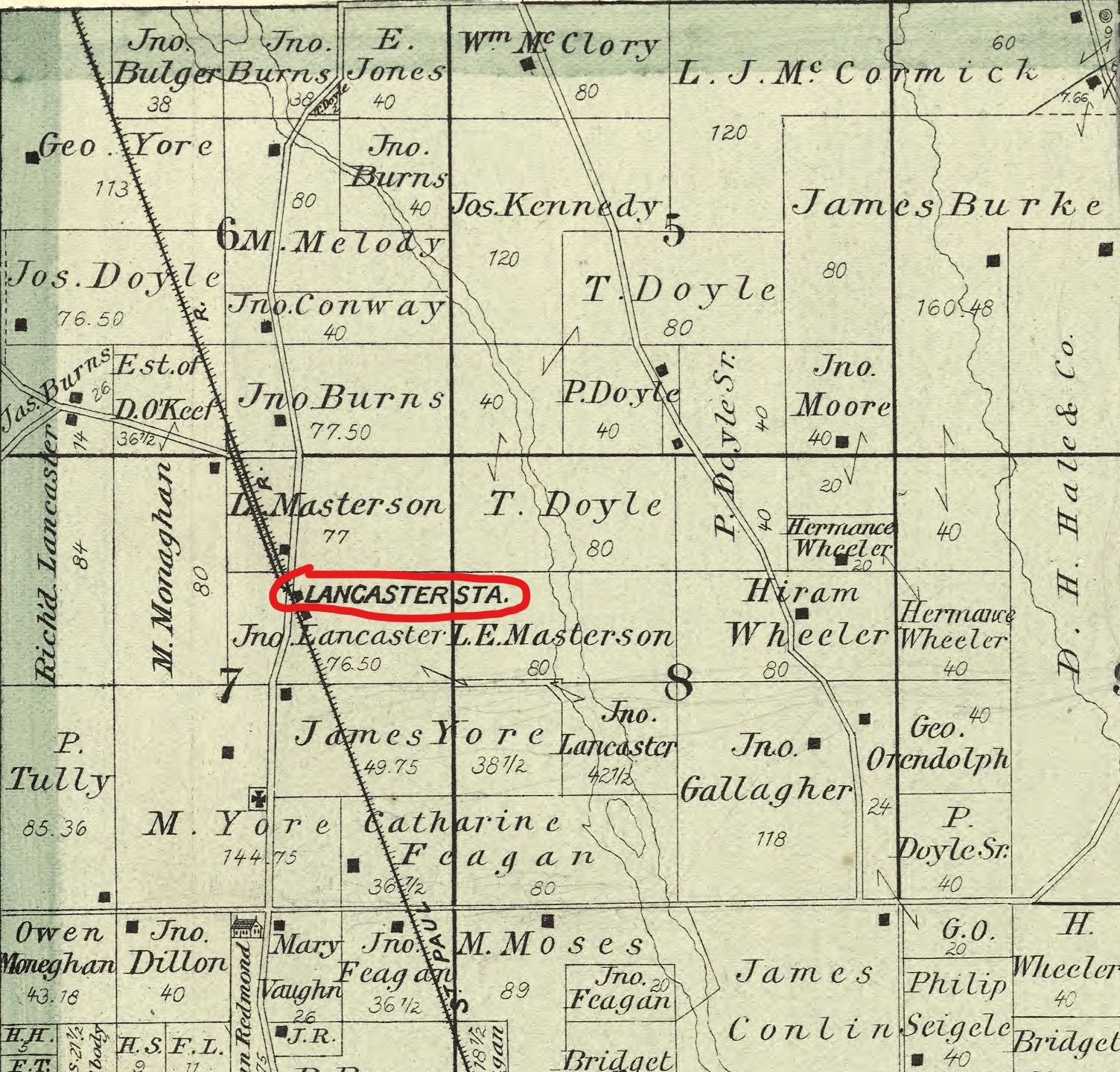 1885 map of Deerfield Township with Lancaster Station circled.