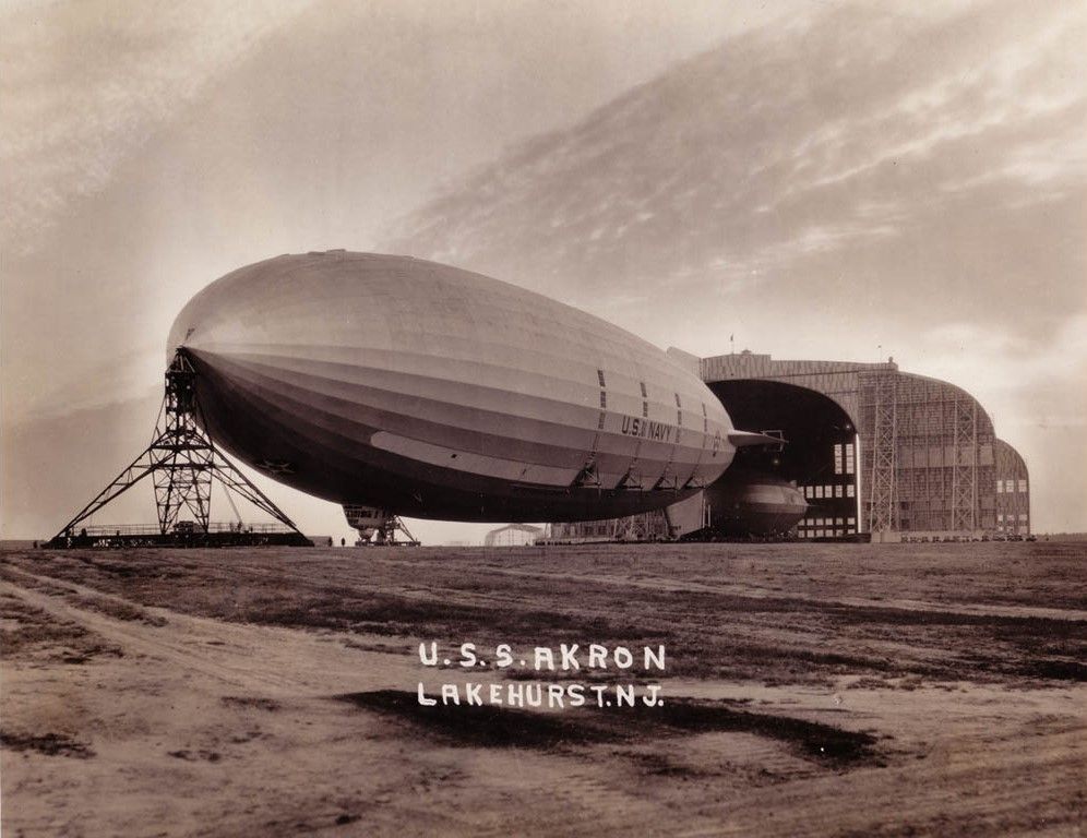 USS Akron lost in a crash in 1933 off the coast of New Jersey killing 73 of 76 passengers.
