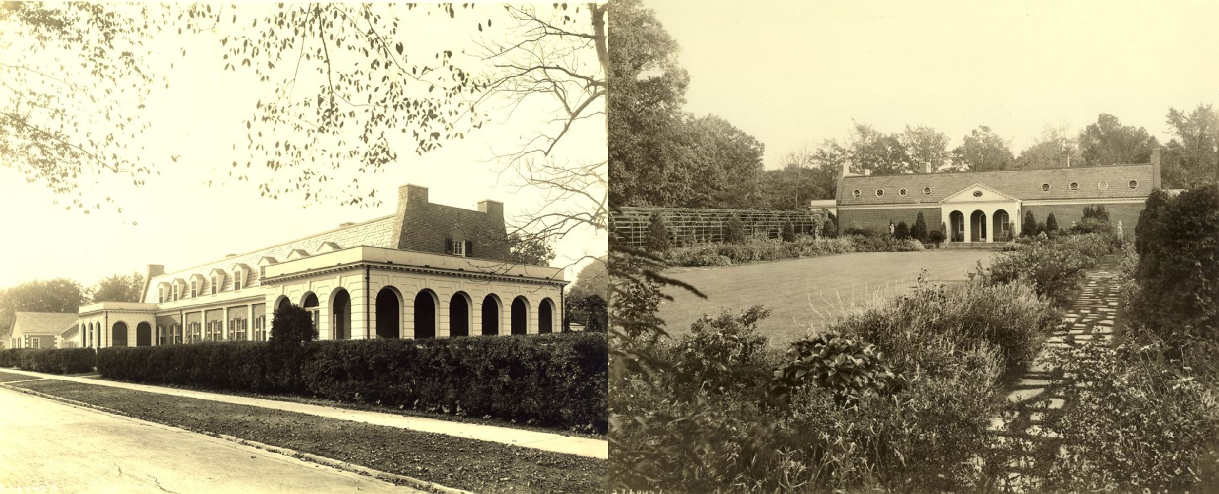 Two elevations of the Fairlawn garage: Spring Lane (south) elevation at left; garden (north) elevation at right.