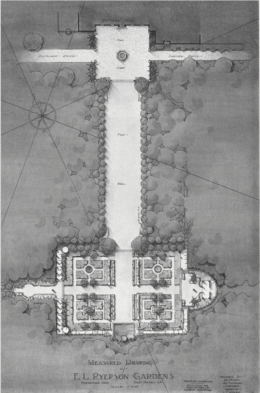 Measured drawing in ink of the gardens at Havenwood II, by FALA students J.M. Frissel, M.C. Josephson and L.F. Murry. This drawing was entered in the annual competition for European traveling fellowships. Image source: Lake Forest Library.