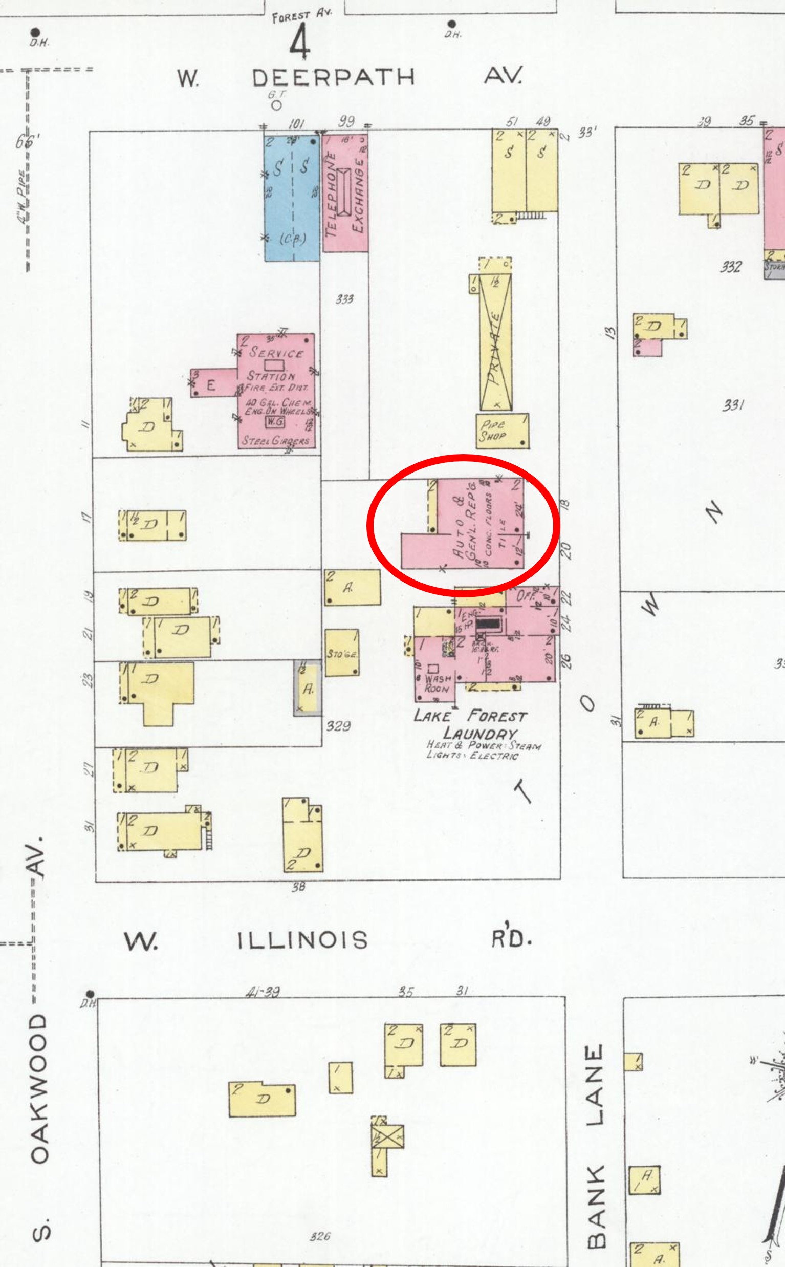The Sloan Repair Shop is circled in red on the 1926 Sanborn Fire Insurance Map.