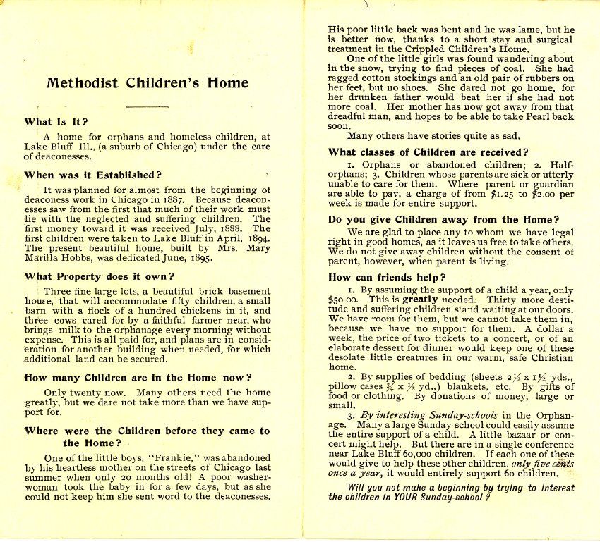 Pamphlet advertising the Methodist Deaconess Orphanage, c. 1900.