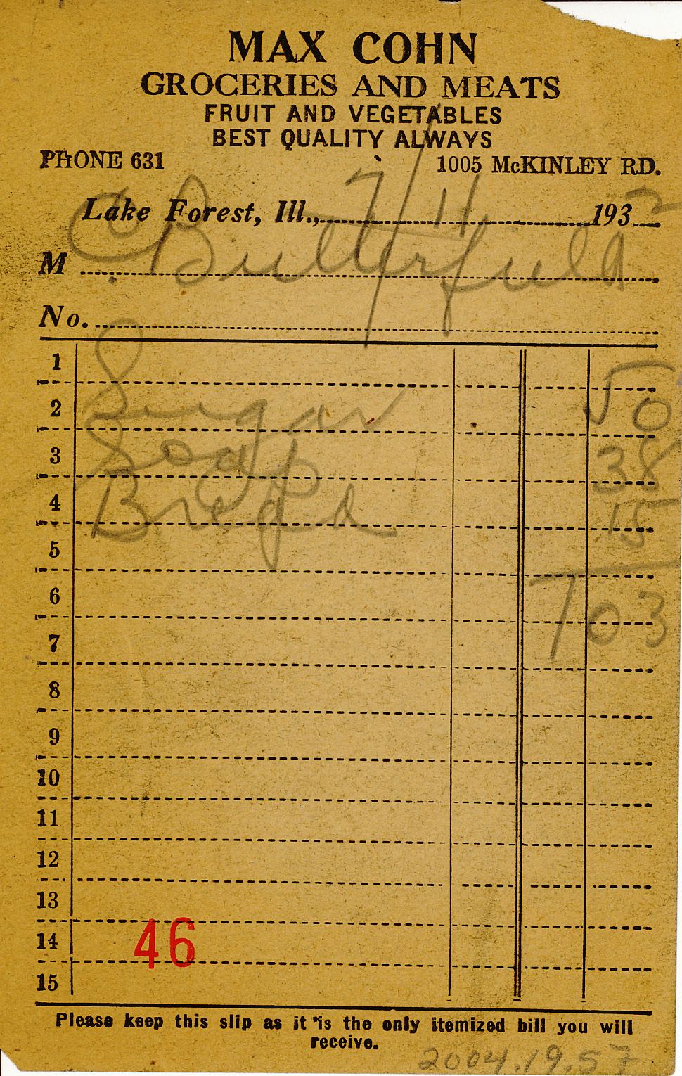 This receipt is one of 14 in the History Center collection from Max Cohn's store listing the summer 1932 purchases of Charles Butterfield, who lived on Scott Street. On July 11 he purchased sugar, soap, and bread, for a total of $1.03.
