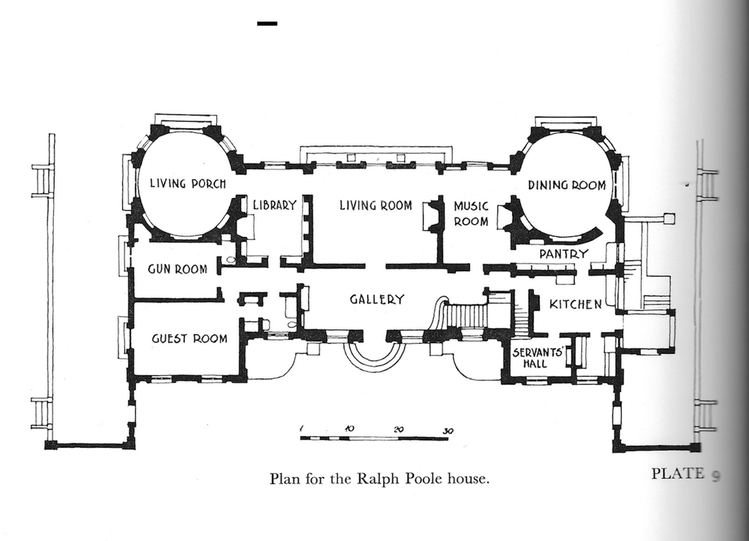 Plan for the Ralph Poole house. (Plate 9, David Adler by Richard Pratt, M. Evans & Co., 1970.)