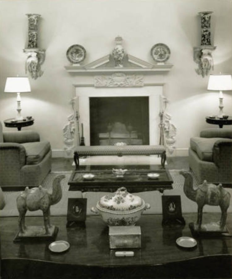 Carved Living Room Fireplace in the Wheeler house. Elkins arranged a perfectly balanced Chinese blue and white display of porcelain, including 18th century brackets holding vases. The mantle displayed K’ang Hsi porcelain.