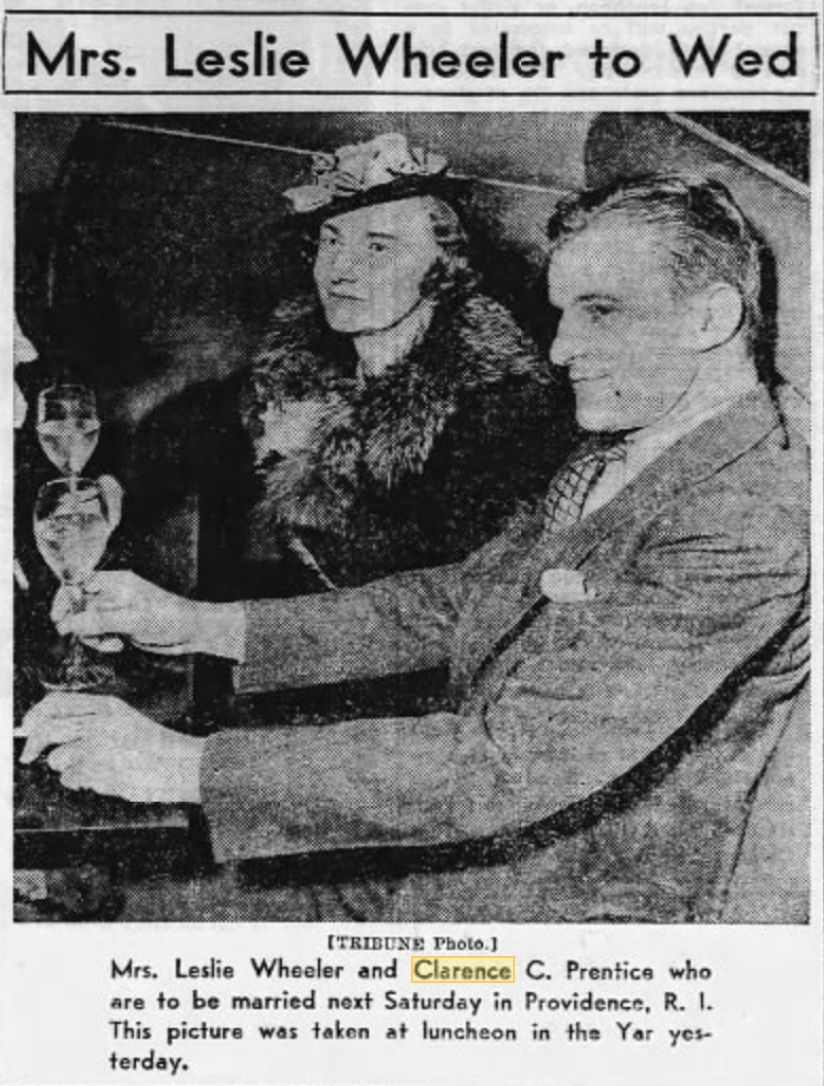 Violet Patten Wheeler and Clarence C. Prentice Wedding Announcement, Chicago Tribune, April 22, 1939.