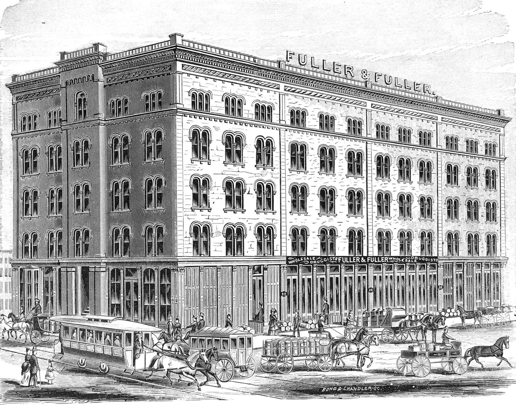 Lind Block, late 1800s - then occupied by Fuller and Fuller Wholesale Druggists. The building was taken down in the early 1960s.