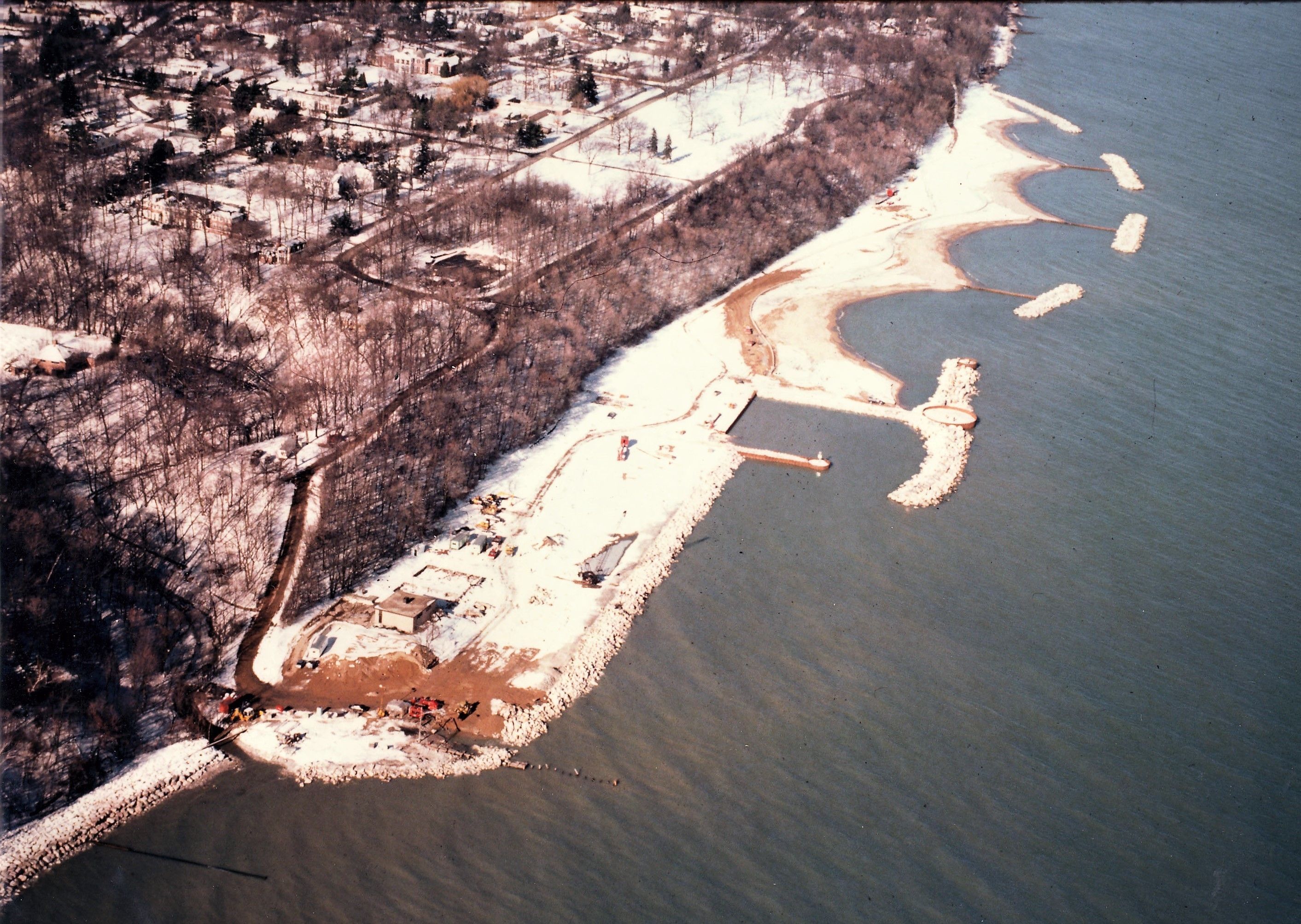 Aerial view looking northwest, beach work in progress, winter 1986-87.