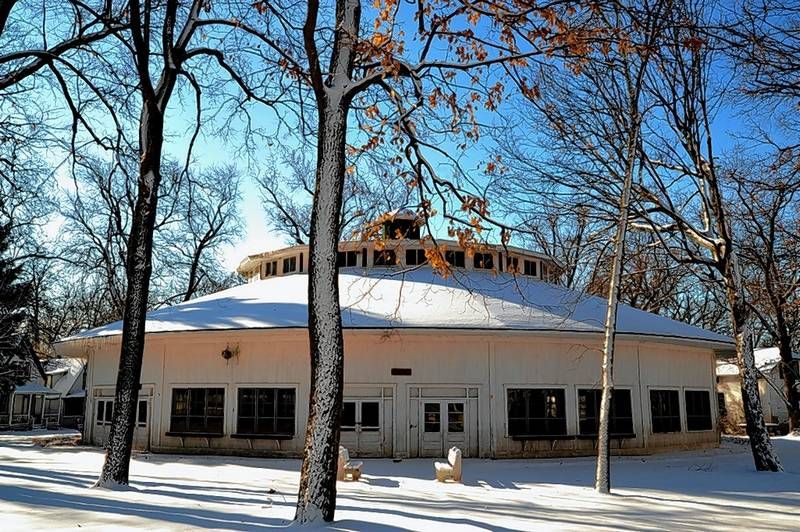 The principal religious structure at the Des Plaines Camp ground is the Waldorf Tabernacle.