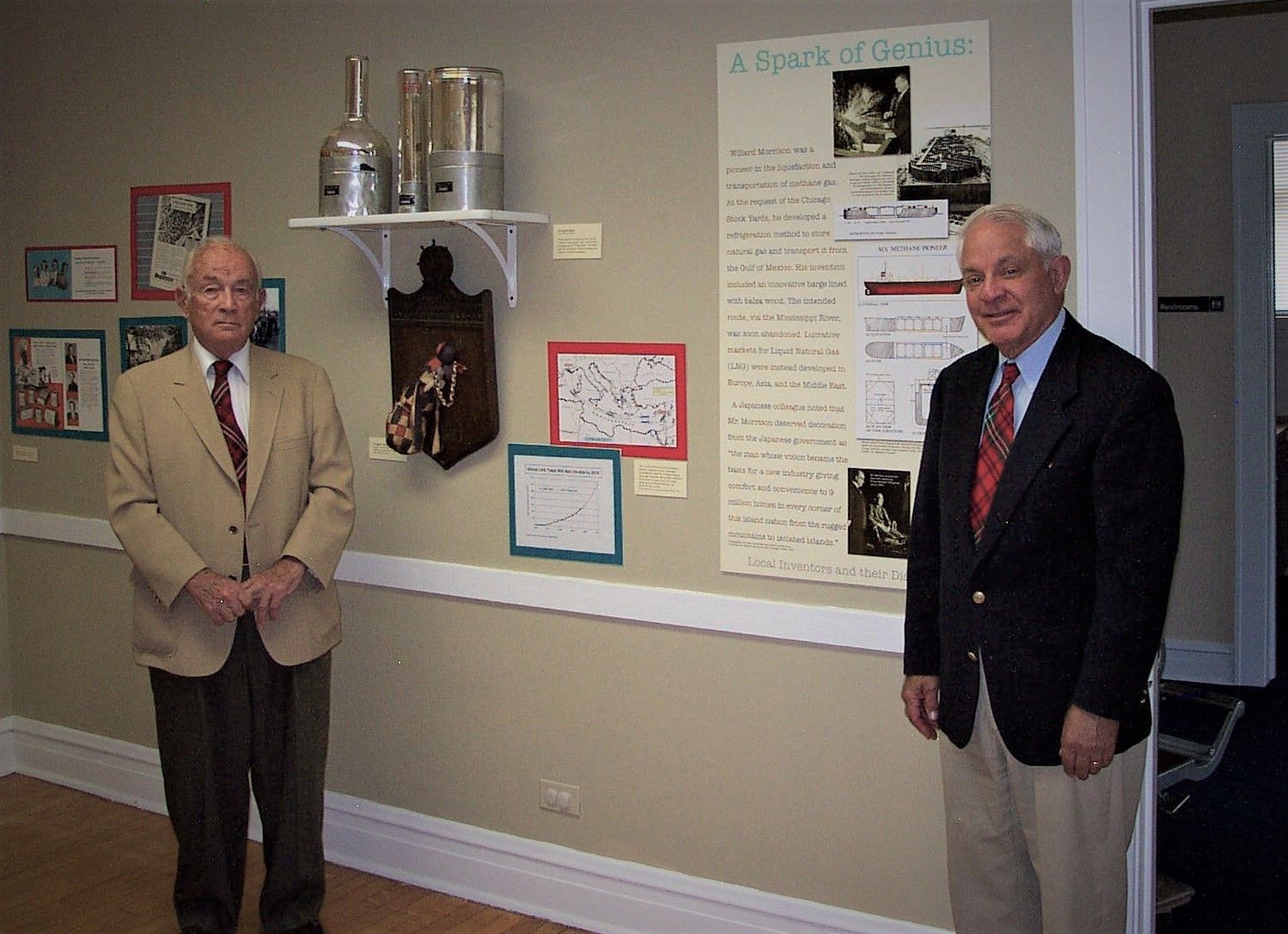 Harold Morrison (right) and his brother Ed at the Lake Forest-Lake Bluff Historical Society, 2007, during an exhibit on local inventors that featured their father Willard Morrison.