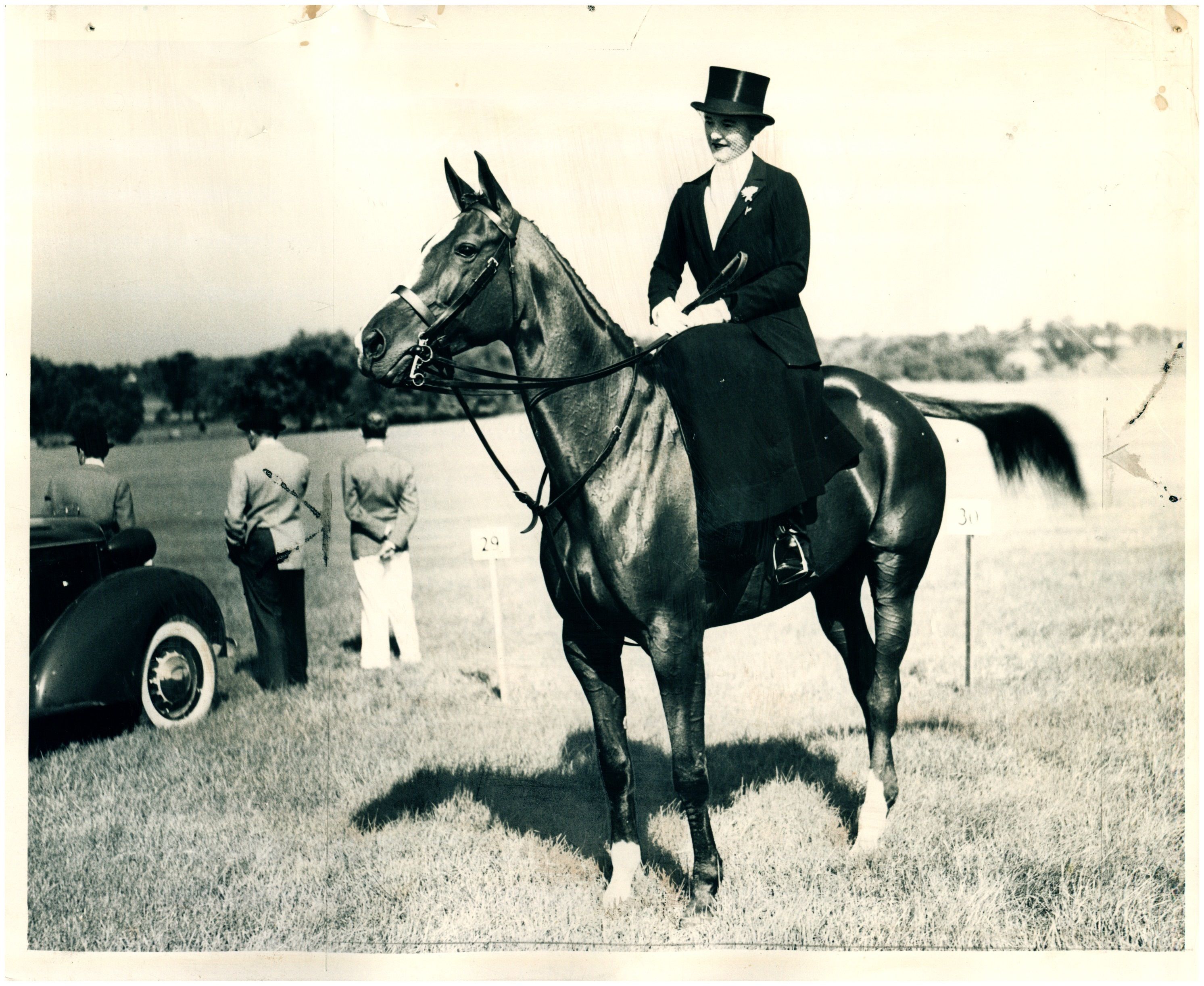 Mrs. Ginevra King Mitchell on her hunter Starbloom in Lake Forest, 1936.