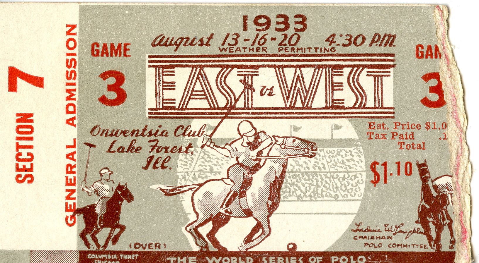This ticket was donated to the Historical Society in 1998 by Frank Farwell, who attended the event as a young boy. It was probably torn when the ticketholder entered the gates. The Farwells attended Game 3 and sat in section 7, paying $1.10 per ticket.
