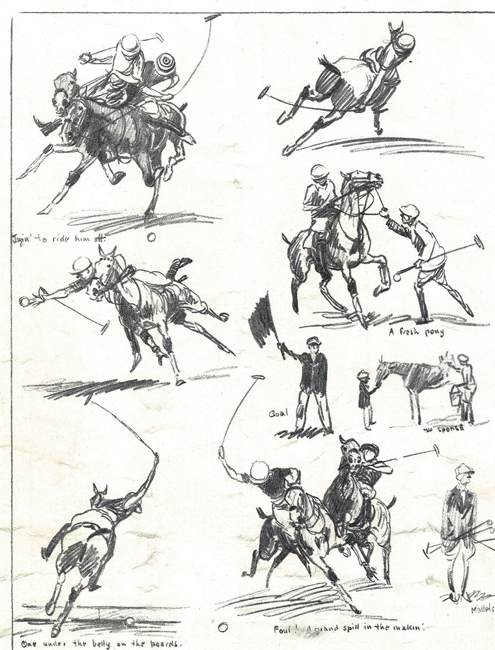 Sketches from the event program. As a result of the roughness of these matches, in subsequent years the USPA rules were changed to penalize severe fouls and to ensure that injured players were substituted if they were incapacitated and unable to play.