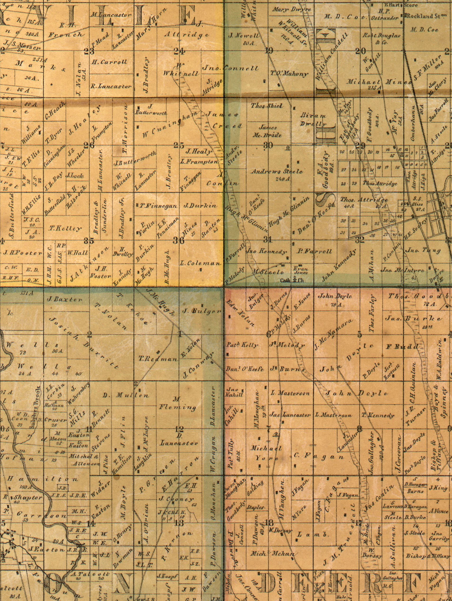 Map of Lake County, 1861. For reference, the point where the four townships come together (Libertyville in yellow, Vernon in blue, Deerfield in pink, and Shields in green) is located on Rte. 60 just west of Academy Road. Courtesy of Library of Congress.