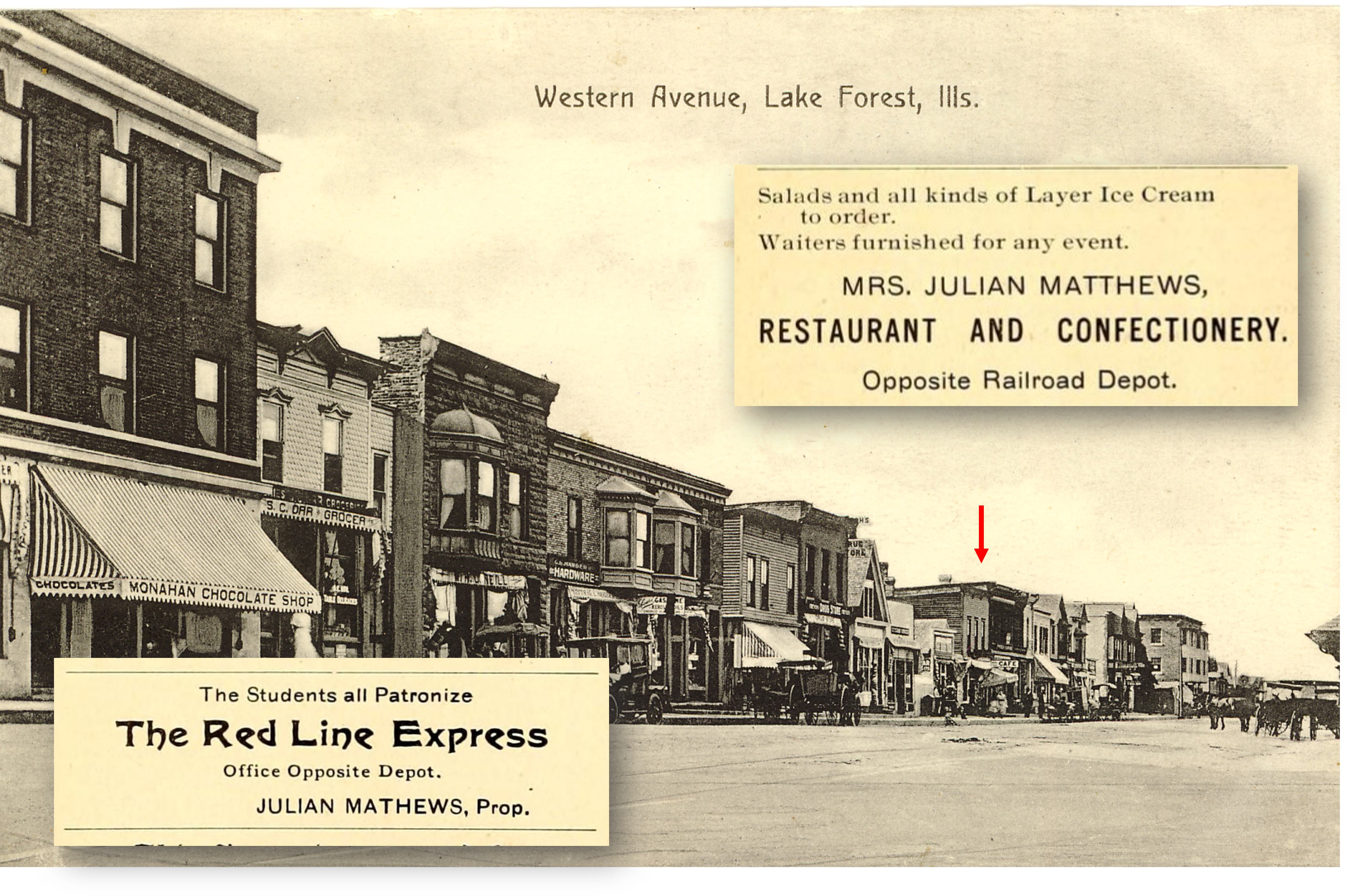 Western Avenue c. 1900. The Matthews business was possibly located where the "CAFE" sign is. Ads from the Lake Forest College Stentor, 1896 and 1897.