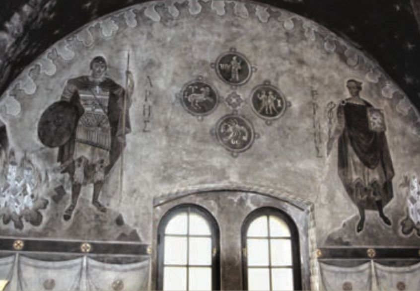 Mural in the Tower painted by Nikolai Remisoff, c. 1928. This is the same artist that painted the murals at Lake Forest Library.