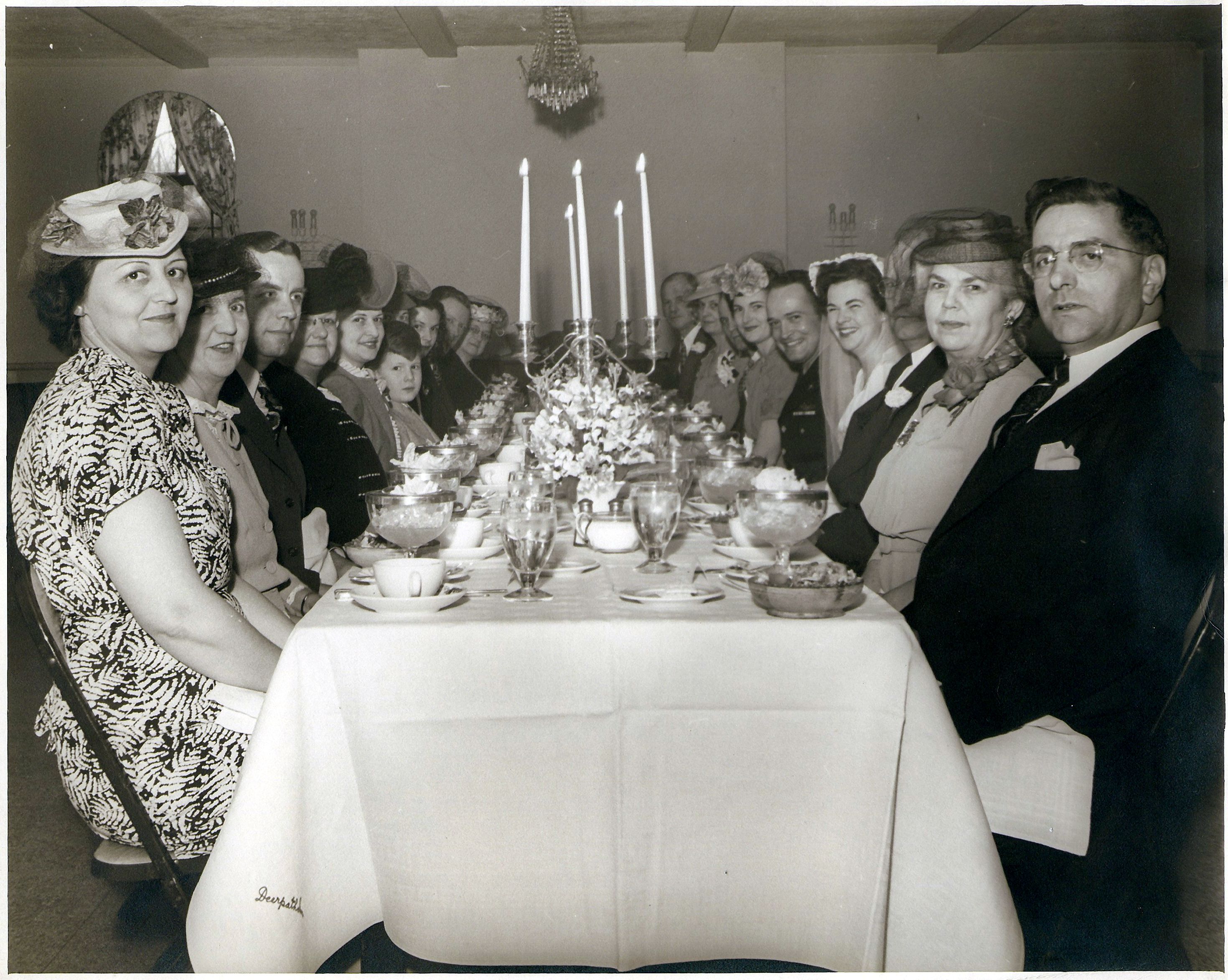 Neil is pictured last on right and his wife Helen is 2nd on the right. Deerpath Inn, 1945 at the wedding reception for daughter Jean.