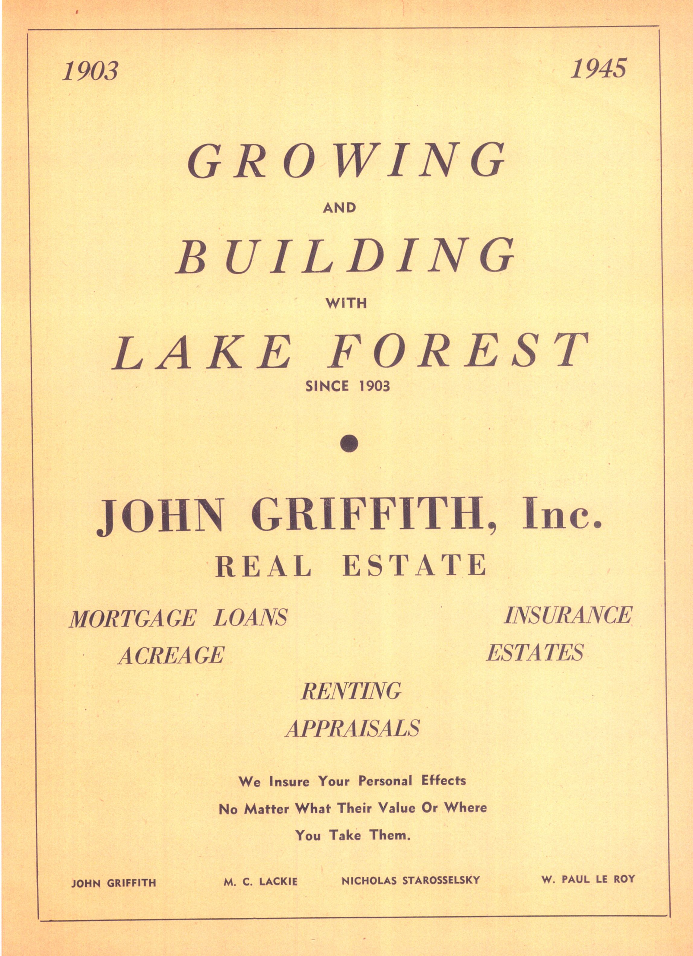 John Griffith Inc. ad from the 1945 Lake Forester.