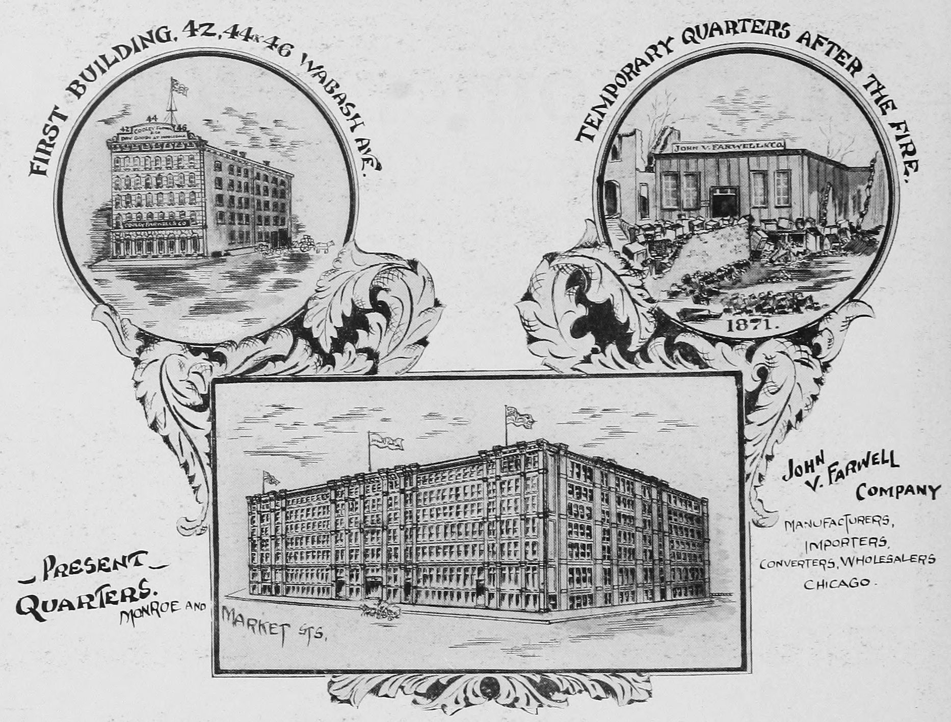 Locations of J. V. Farwell Company in Chicago. The center business block was built in 1883 and housed the company until 1925, when they were bought out by Carson, Pirie, Scott & Co.