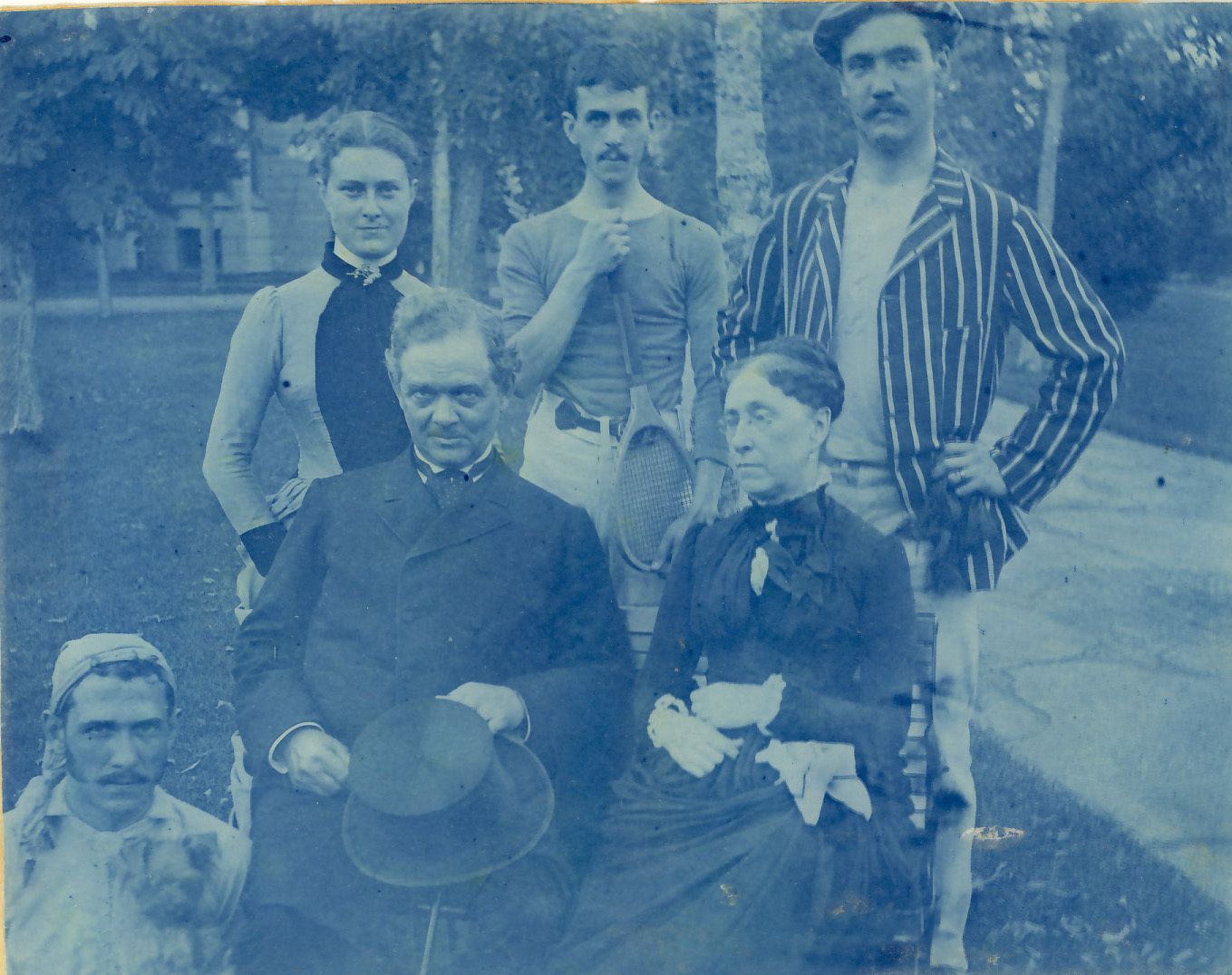 John V. Farwell family, c. 1880s. John V. Farwell and Emeret Cooley Farwell are seated. At left are two of their children, Francis Cooley Farwell and Fannie Farwell. The men standing at right are unidentified, but could be the other two Farwell sons John V. Farwell Jr. and Arthur Lincoln Farwell. John V. Farwell’s oldest daughter Abigail is not pictured.