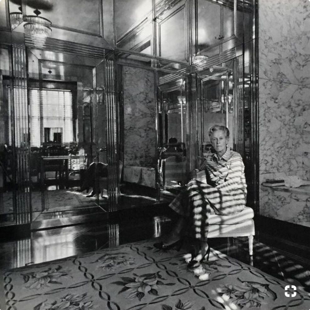 Aleka Armour in her mirrored dressing room and bath. Image Source: Courtesy of Mary Lloyd Estrin; featured in her book “To the Manor Born.”