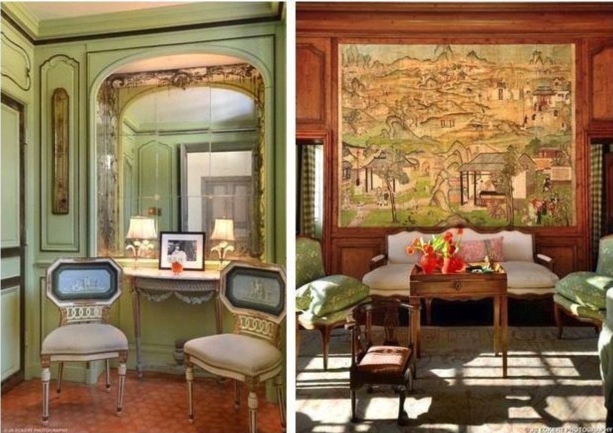 Ladies powder-room and view of the antique Chinese wallpaper in the living room. Image Source: J. S. Eckert Photography.