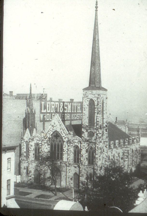 The ""spotted"" Second Presbyterian Church of Chicago, before the fire.