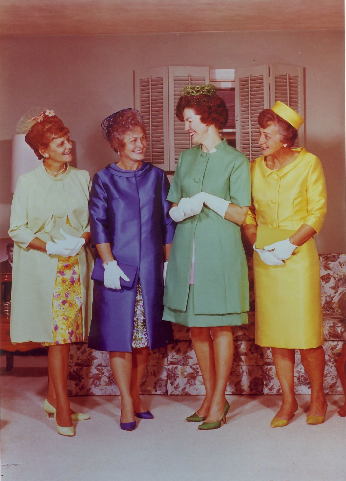 Virginia in green with three others from the Illinois contingent attending the 1966 Luci Johnson wedding, all wearing original Virginia Fiester designs.