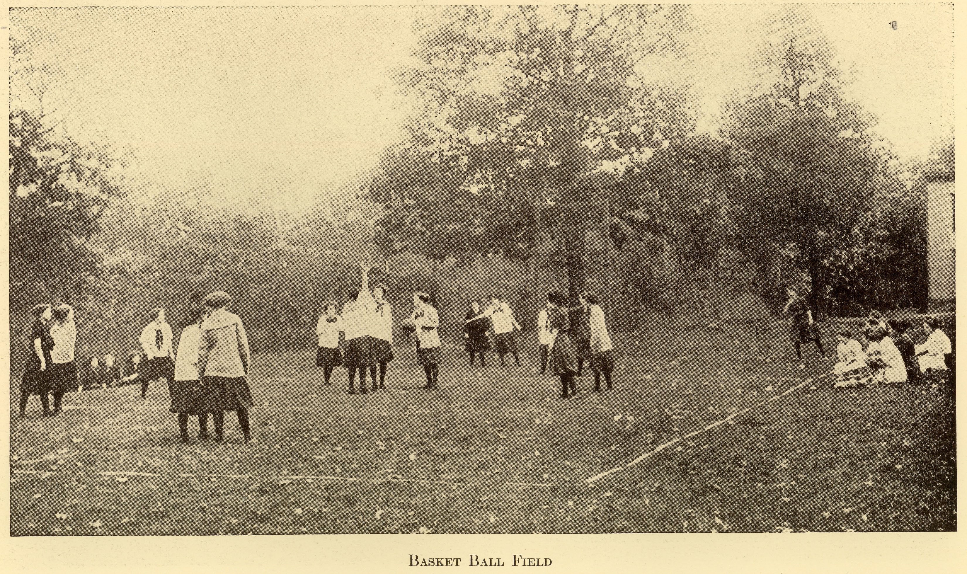 Ferry Hall’s inadequate gymnasium conditions for basketball is probably why the team began practicing on the “basket ball field” outdoors, pictured here in one of the school’s viewbooks.