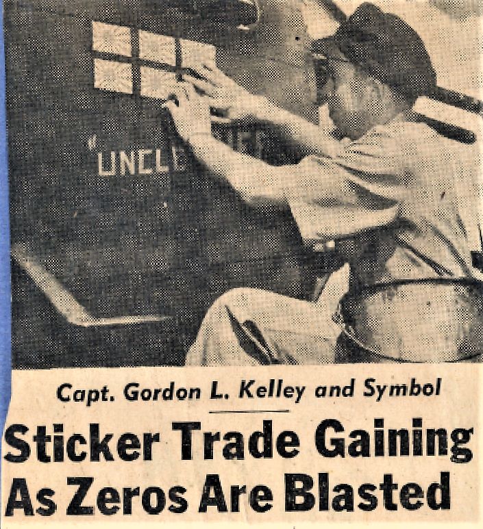 Pilots painted Japanese flags on their planes for each enemy plane shot down. Eventually decals were printed to save time. Gordon Kelley was the very first pilot to use them.