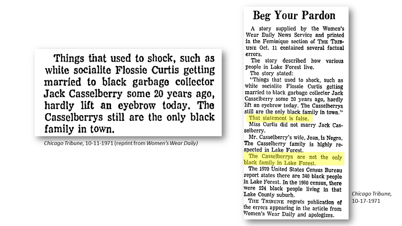 Twenty years later, Women's Wear Daily (and the Chicago Tribune reprinted) an article about Lake Forest that misrepresented the facts of the story; it was so egregious that a few days later they printed an extensive correction.