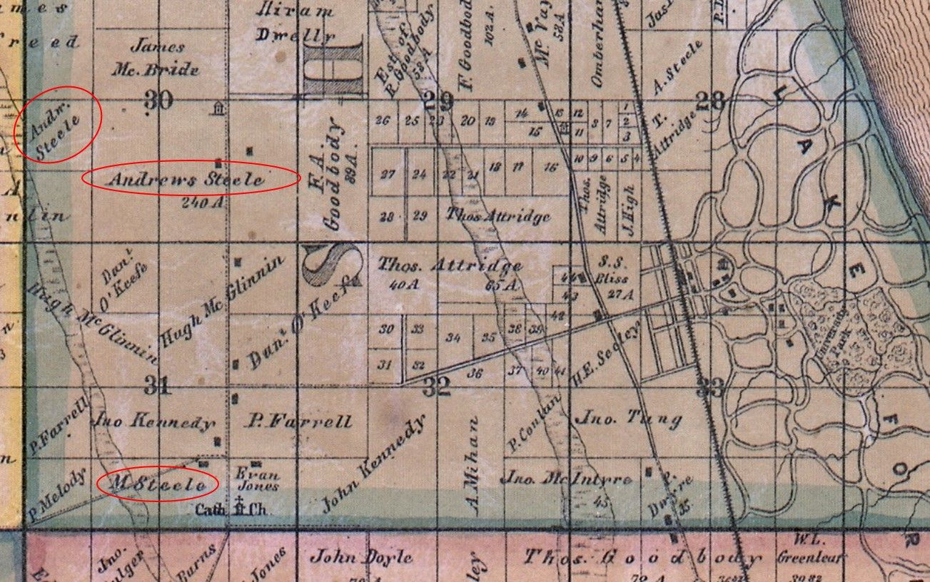 1861 map of southern Shields Township, showing Steele family properties at left along Waukegan Road (then Telegraph Road).