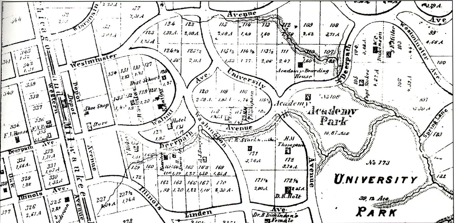 This 1862 map shows the outline of the Lake Forest Hotel building in the center of what is now Triangle Park (at the confluence of Walnut, Deerpath and Washington).
