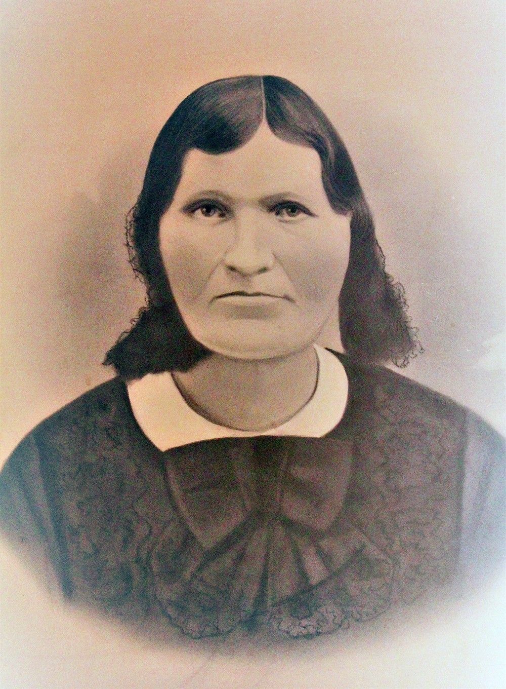 Ellen Atteridge Steele (1820-1899) wedding portrait. Charcoal drawing c. 1910s from earlier daguerreotype (1851) by Jenn Davis Letts. Image source: Laurie Taylor-Curby.