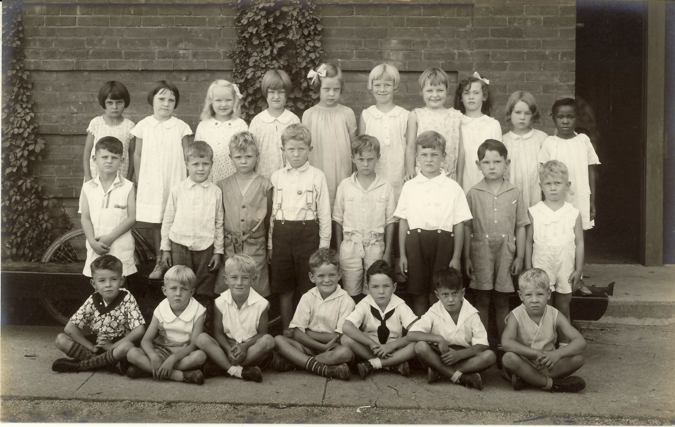Halsey School class, 1937. Joe Steele is 6th from left in the middle row, wearing a white shirt and dark shorts.