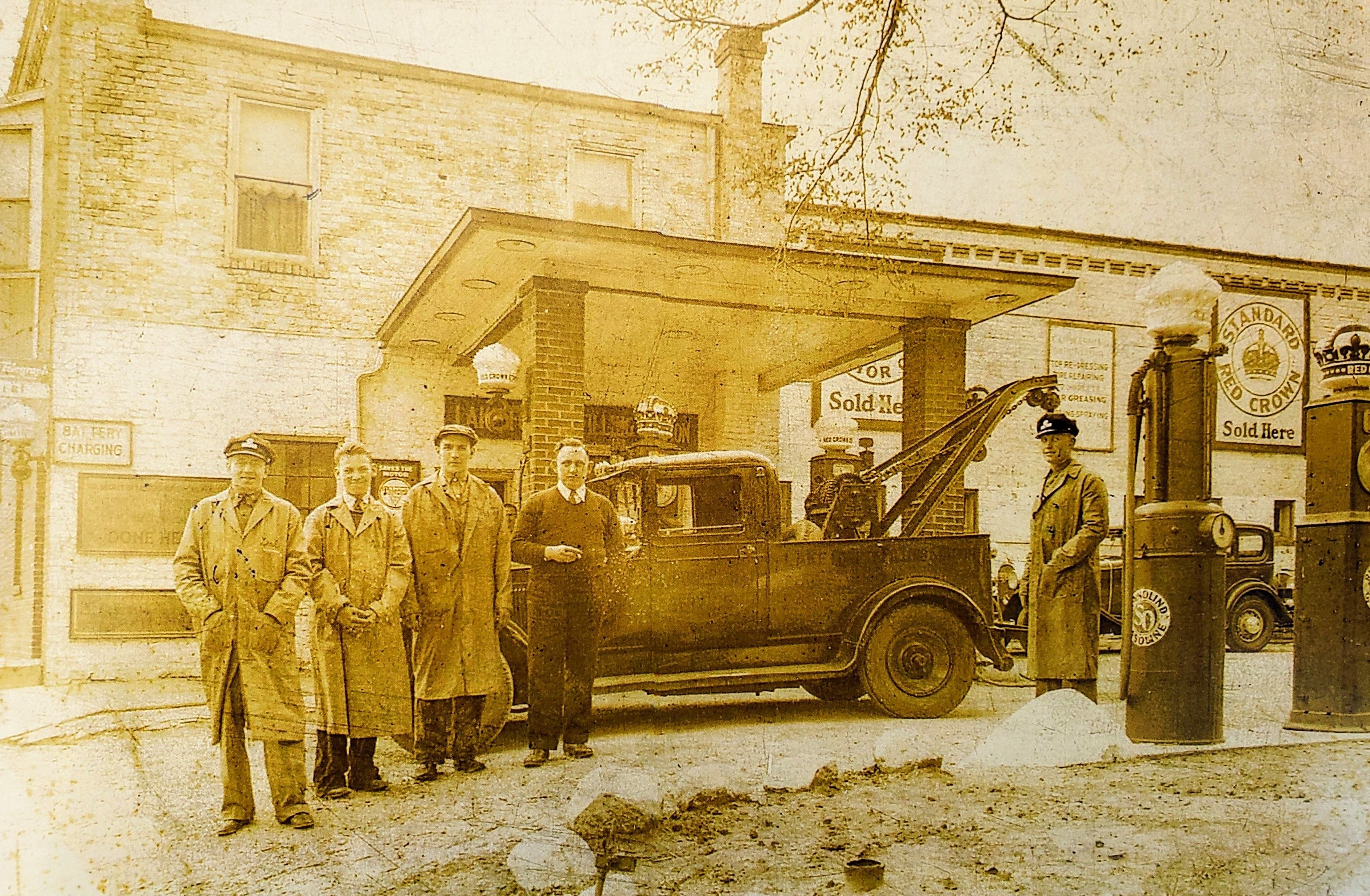 Lake Forest Garage and Filling Station, c. 1932. From left, Karl Knauz, Ed Wolf, Herb Peters, Siegfried Becker, and Bob Becker.