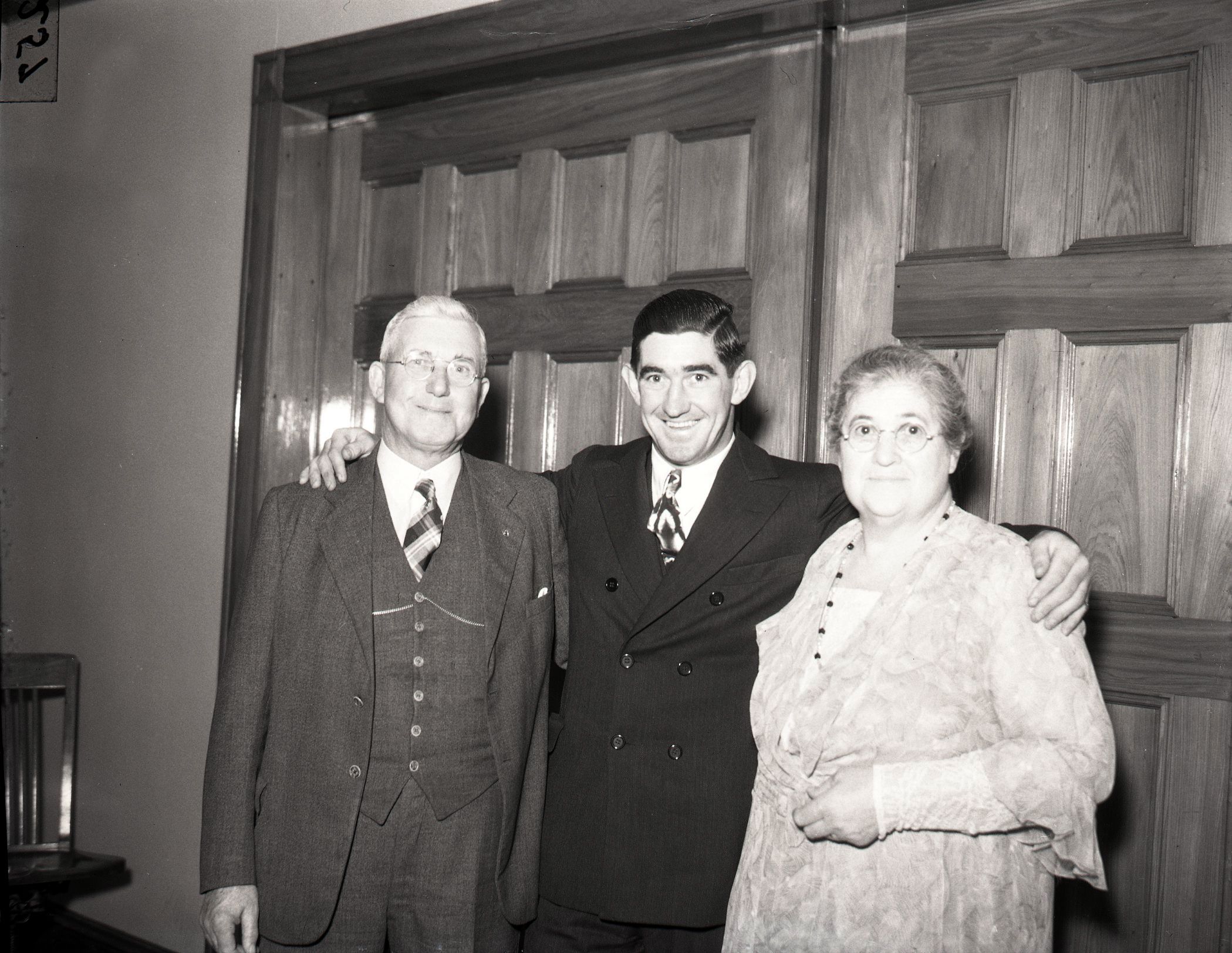 Mickey Cochrane with parents John Cochrane and Sadie Campbell Cochrane, 1935.