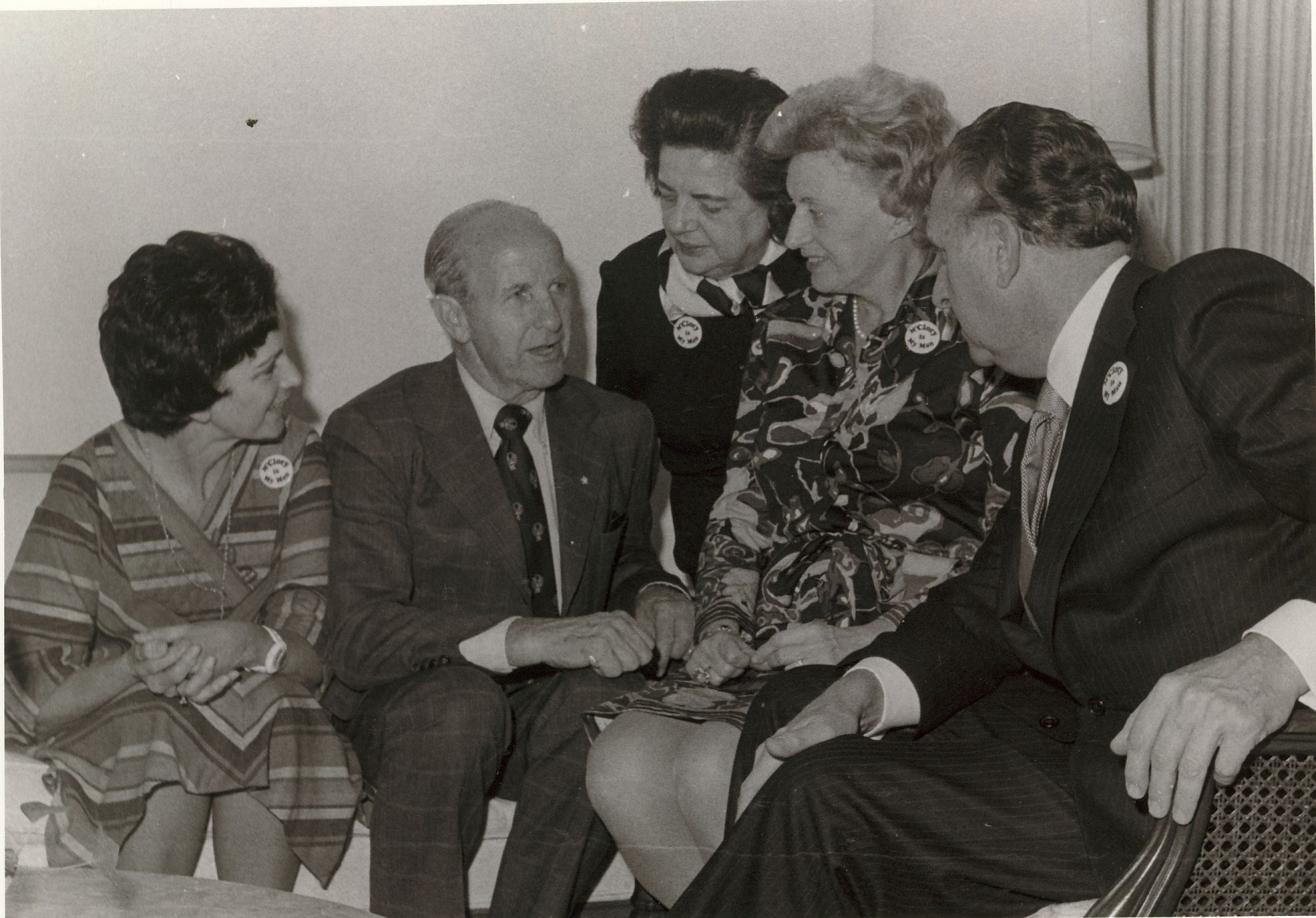 Robert McClory on the campaign trail, sitting with constituents wearing ""McClory is my man"" buttons.