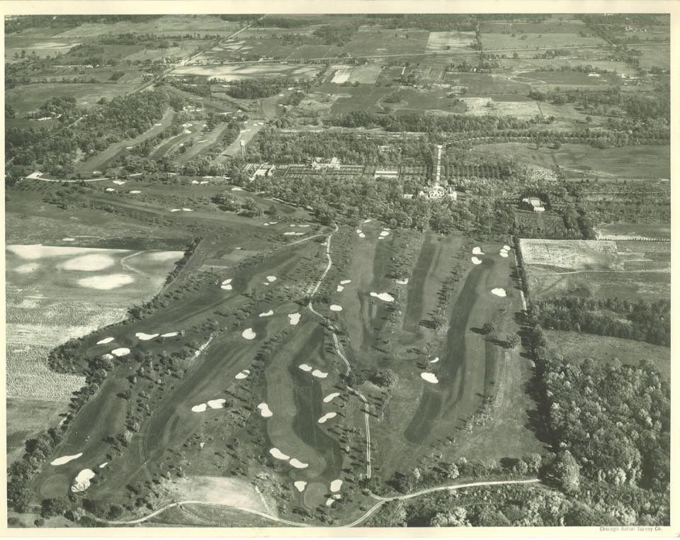 Looking east from the current site of I-94 at the Mill Road Farm golf course, the estate and gardens. Waukegan Road runs horizontally through the top of the image. Everett Road runs diagonally through the top left corner.