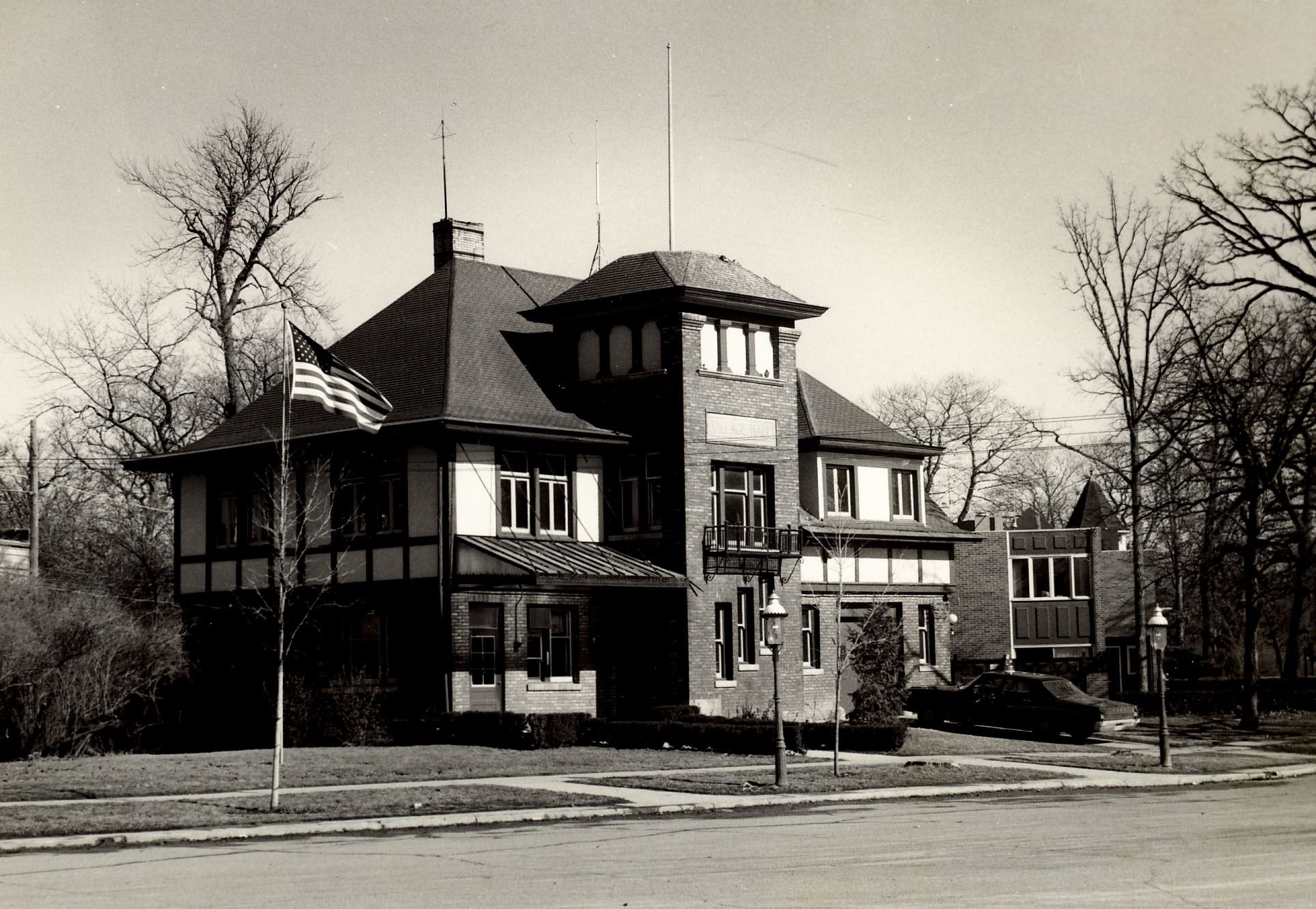 Village Hall, 1970 - squad car parked at right.
