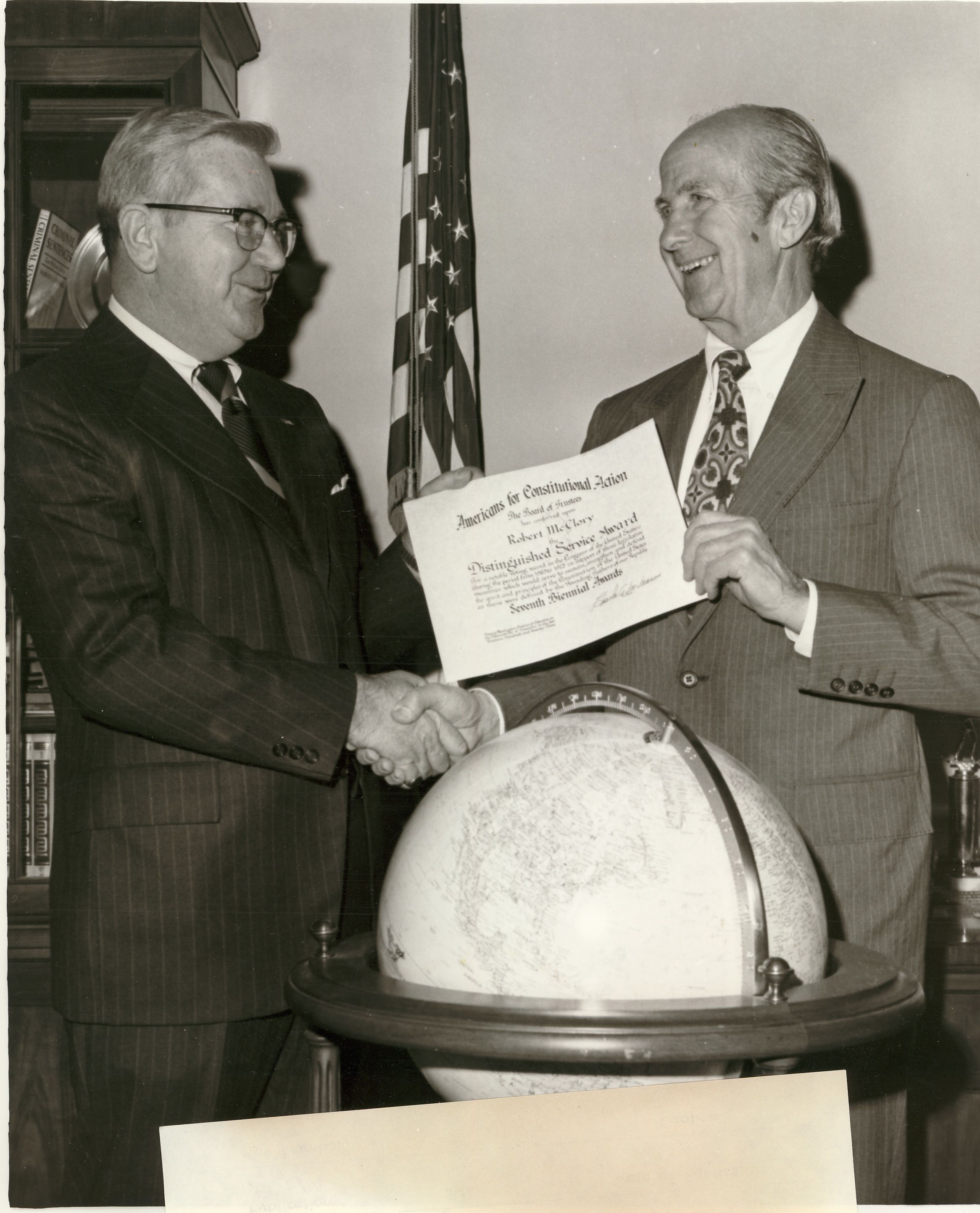 Congressman Robert McClory receiving a Distinguished Service Award from the Americans for Constitutional Action, c. 1974.