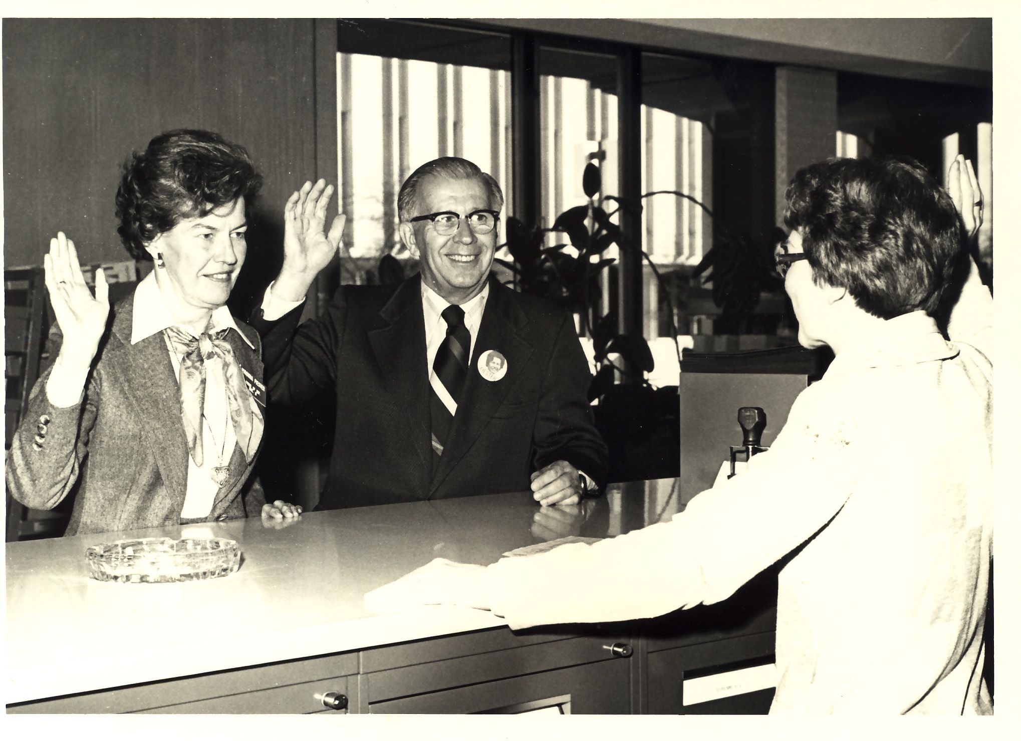 Virginia Fiester's husband Don passed away in the 1970s. Her second marriage to Ken Frederick, amidst her political campaign in 1978, had to be timed so her name change to Virginia Fiester Frederick would not disqualify her from the ballot. Here the two are pictured at the Waukegan courthouse on November 2 applying for a marriage license.