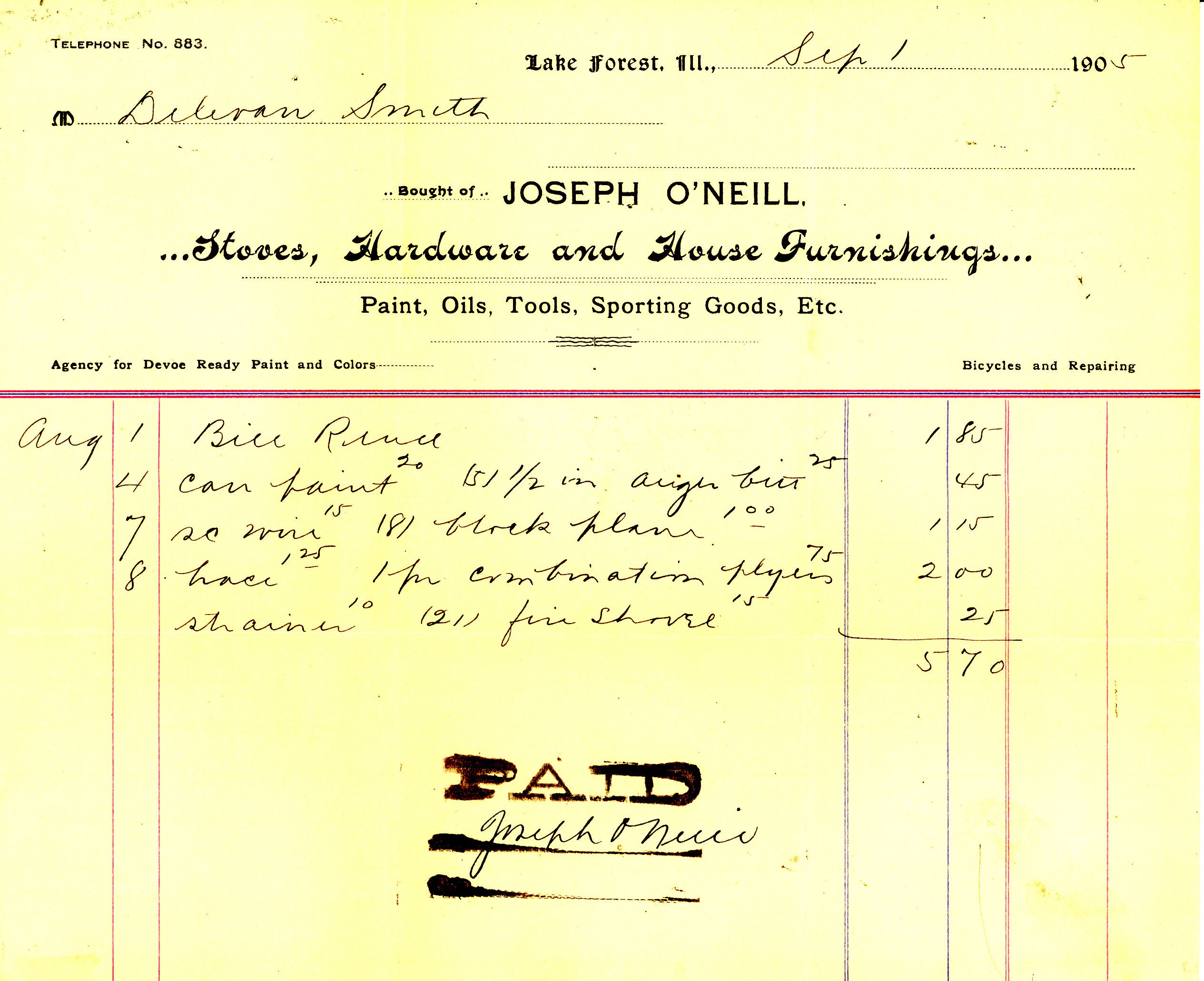 This 1905 receipt shows the purchases that Delevan Smith made at the store during the month of August, include a can of paint, wire, and plyers. Rather than each purchase being a one-time transaction like today, at the time customers had accounts with Lake Forest merchants like O’Neill’s Hardware and settled them each month.