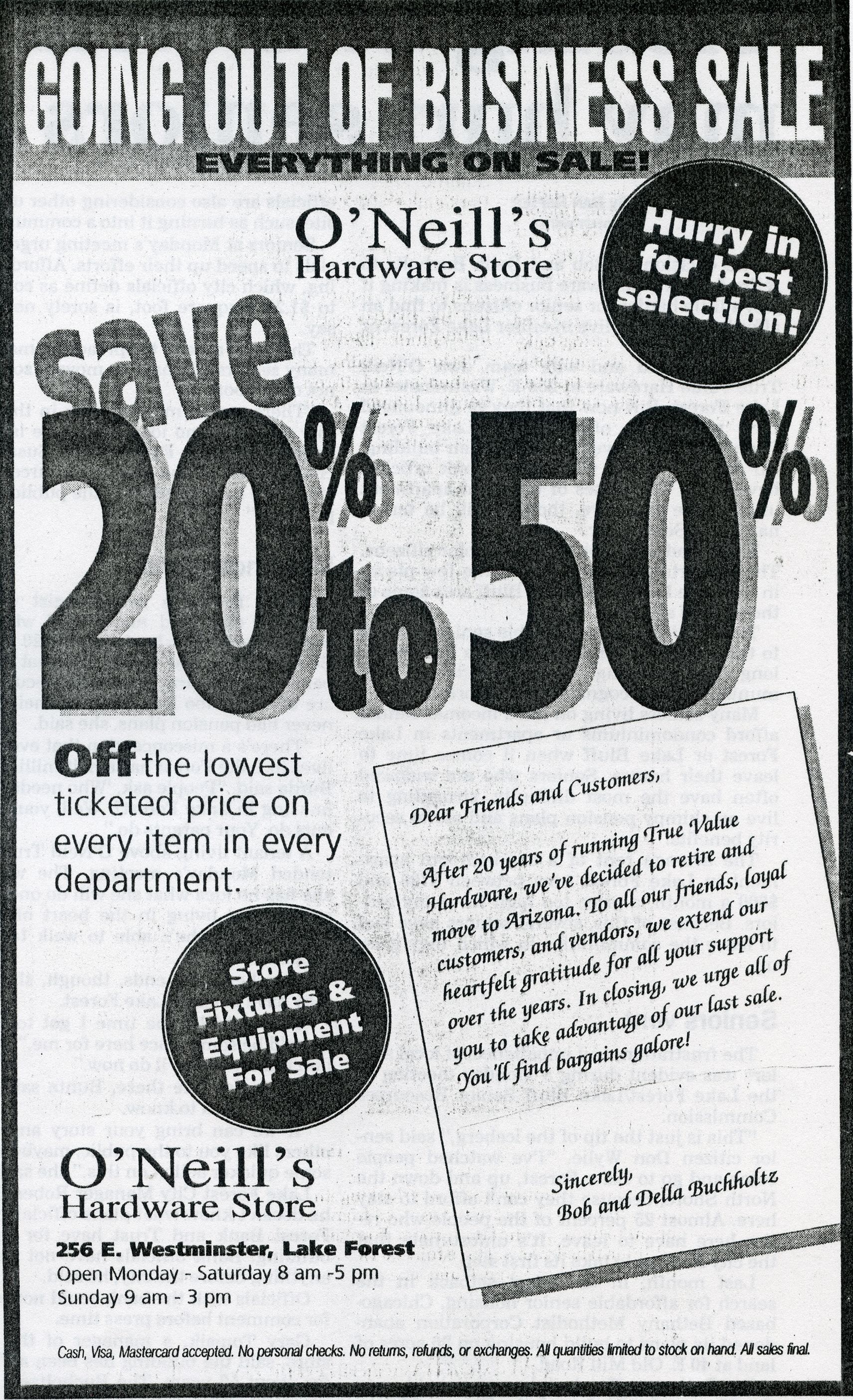 Ad in the July 17, 1997 Lake Forester, signaling O’Neill’s going out of business sale. The closing of the store and sale of the building also affected the occupants of eight apartment units on the upper floor, raising questions about Lake Forest’s stock of affordable housing.