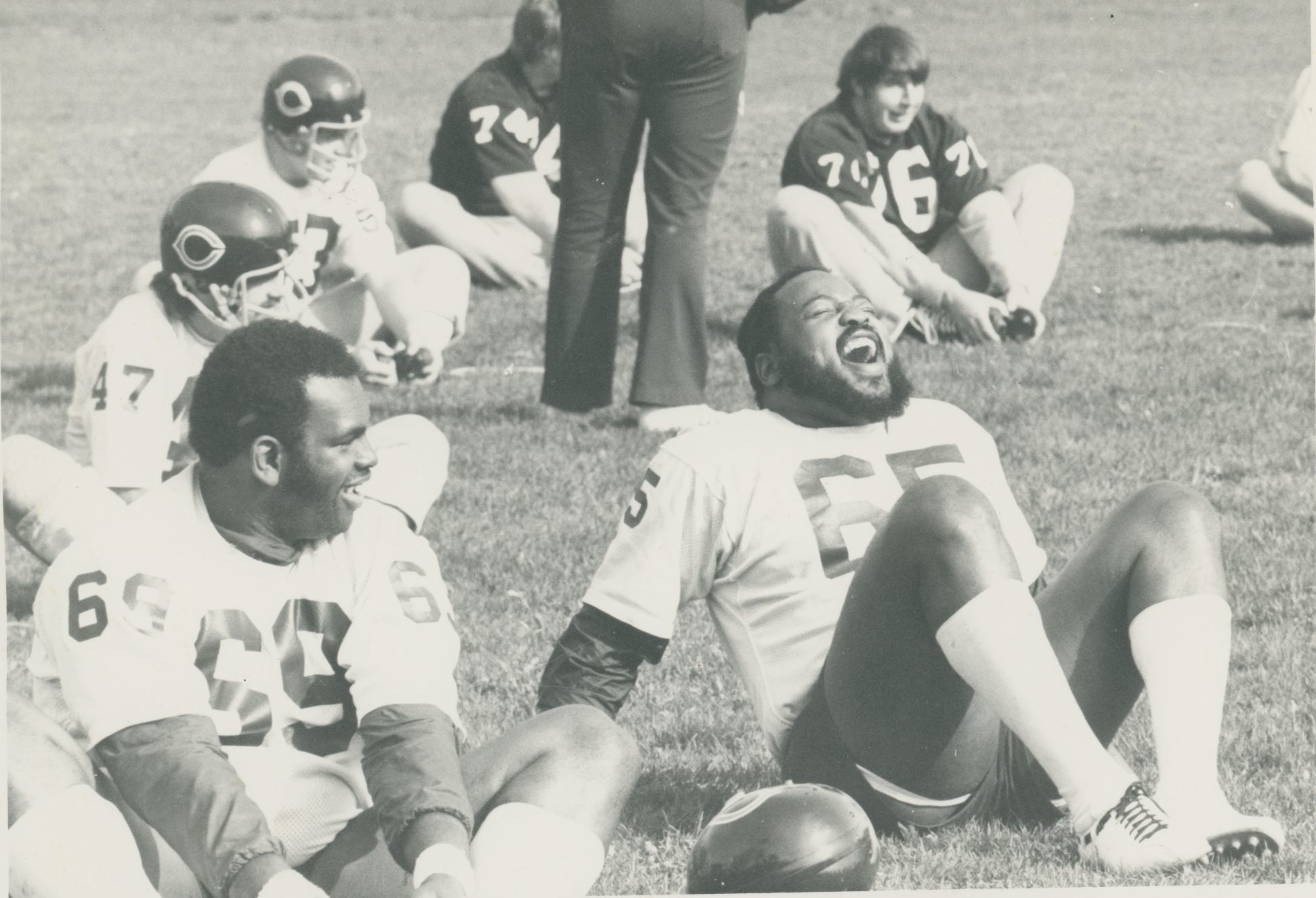 Bears offensive linemen Revie Sorey (69) and Noah Jackson (65) share a laugh in practice, c. 1978. Image courtesy Lake Forest College Archives and Special Collections.