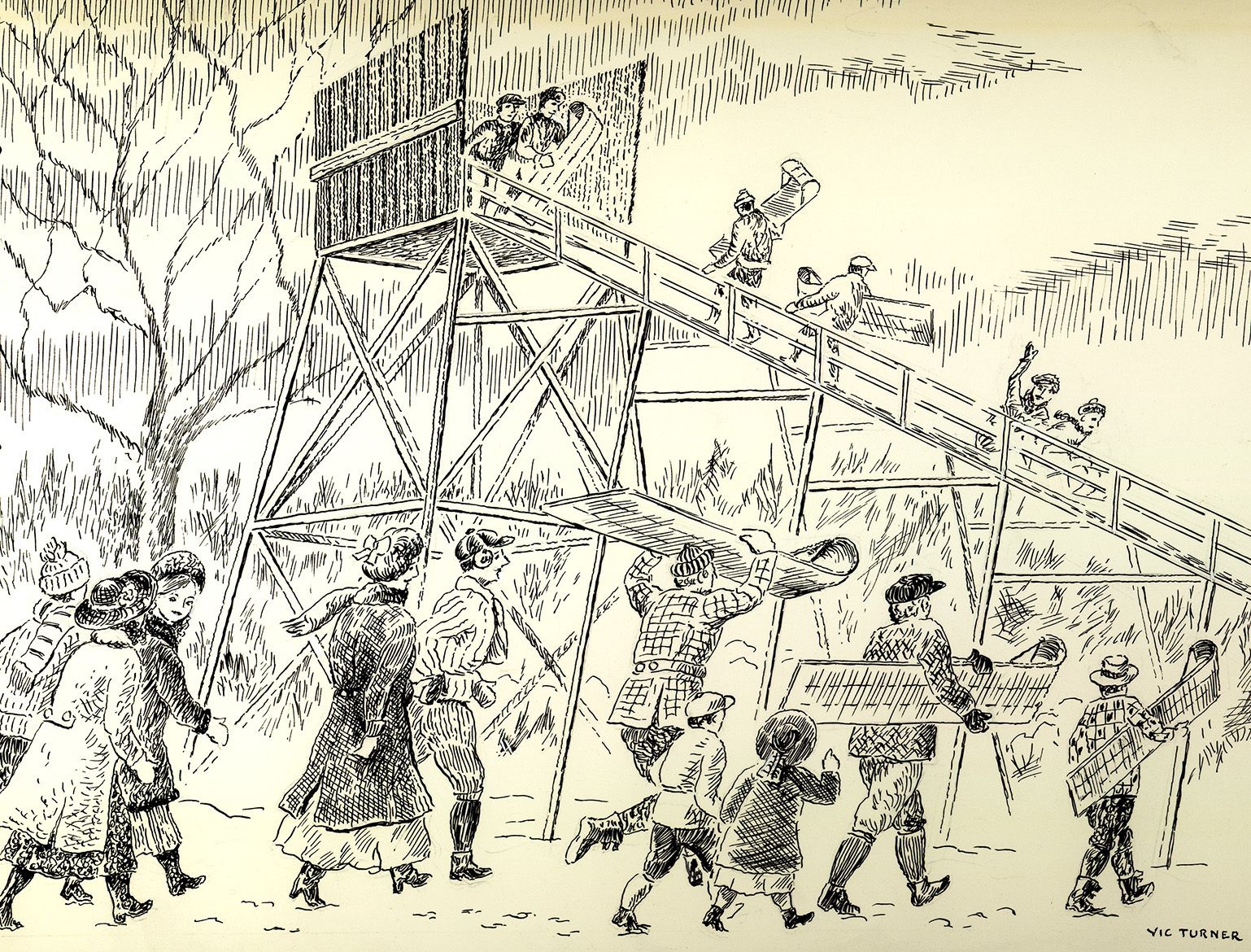 Drawing by Vic Turner, ""A Country House Party, 1908"" showing the toboggan run.