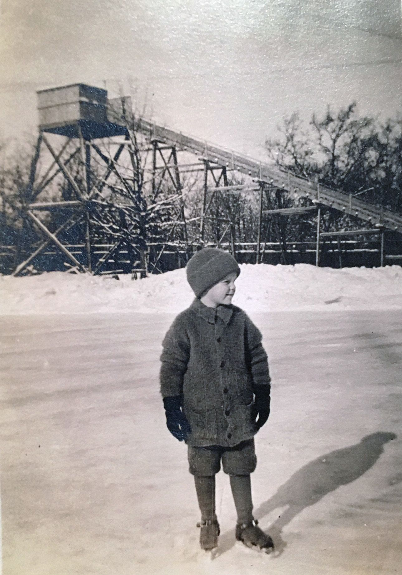 This 1915 photo of James O. Heyworth shows the toboggan adjacent to the skating rink (rather than over Sheridan Road). Image source: Marni Wilson.