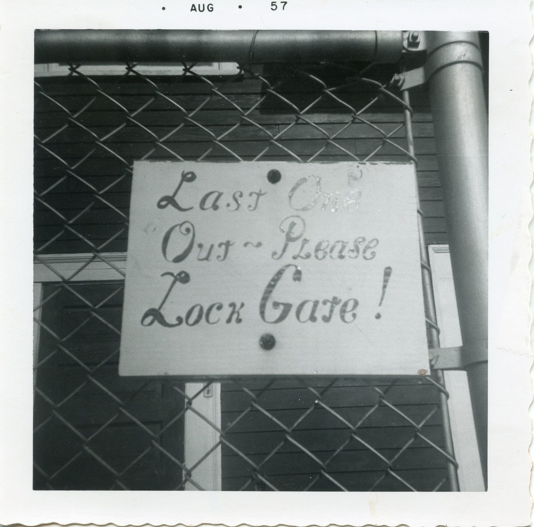 Sign at the Winter Club swimming pool, 1957.