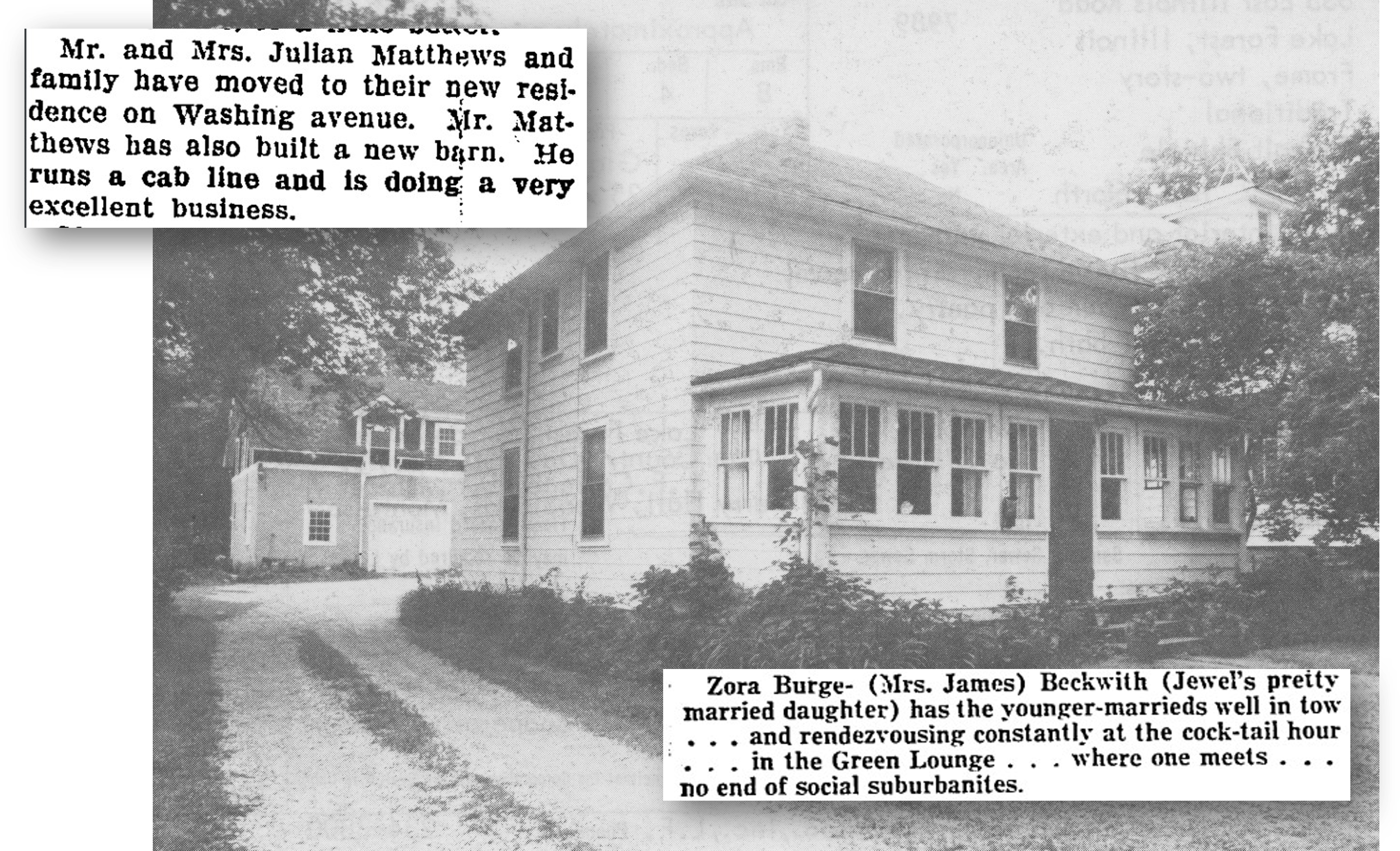 Image from real estate listing for 635 Illinois Road, c. 1960s. News clippings from Chicago Defender, July 19, 1913 and September 18, 1937.